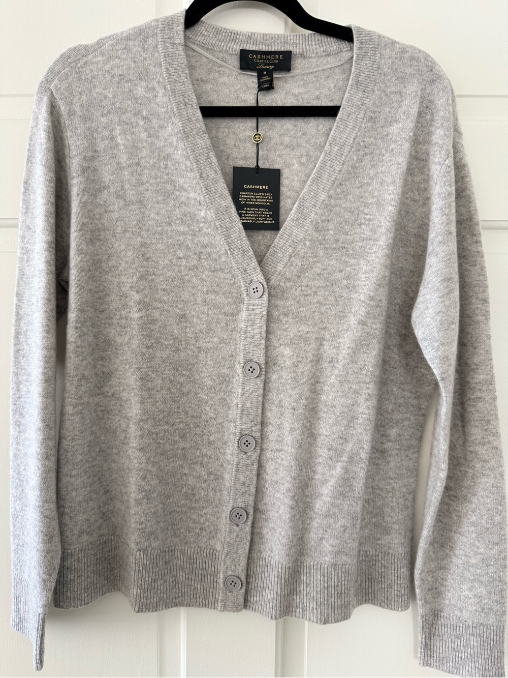 Charter Club Cashmere V-Neck Button Cardigan - Gray - M